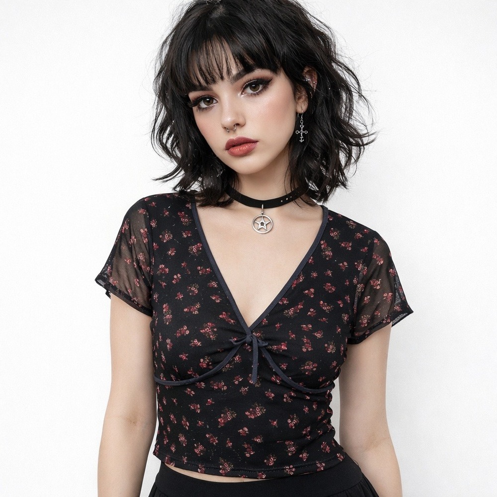Aeropostale Top Womens Large Black Floral Mesh Crop Whimsygoth Y2K Coquette